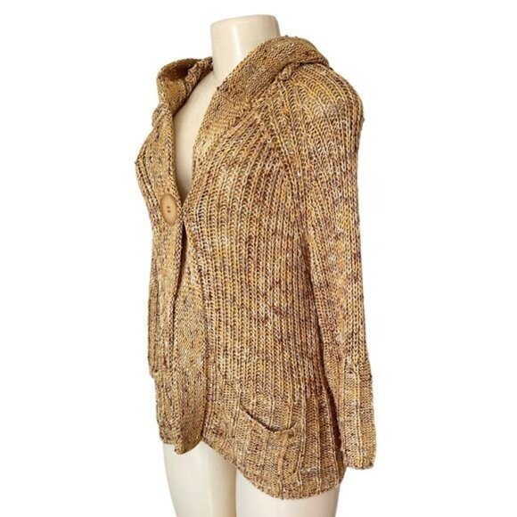 Vertigo Marled Tan Lagenlook Button Cardigan 3/4 Sleeve Pockets Hooded Sweater - Picture 4 of 7